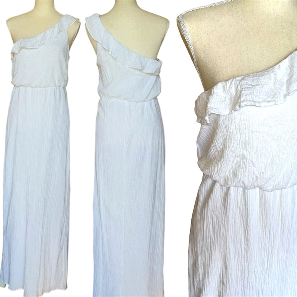 Jodi Kristopher White One-Shoulder Ruffle Column Maxi Dress Crinkle Cotton